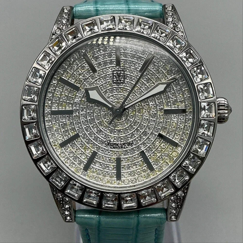 Victoria Wieck Womens Watch 42mm Silver Tone Aqua Leather Crystals New Battery